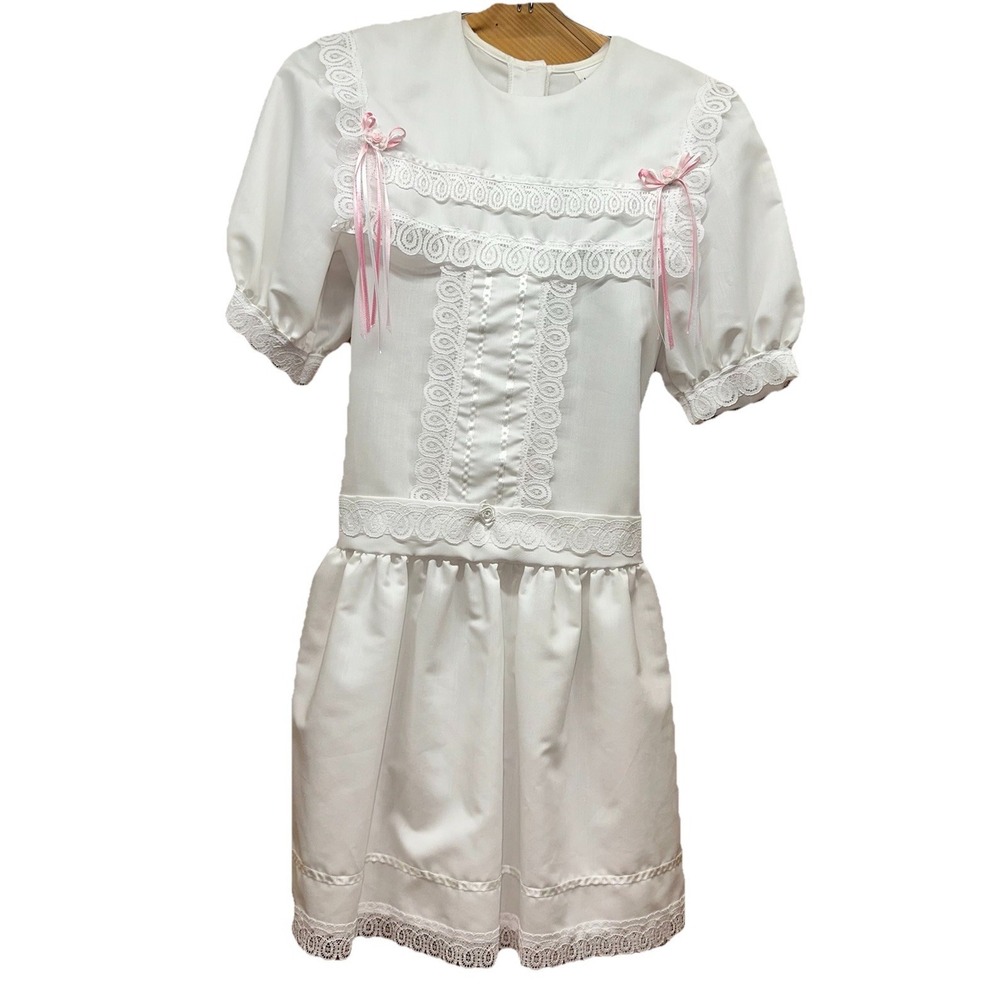 Vtg 80's Jo Lene White Lace Bib Cotton Blend Dress Prairie Puff Sleeves Girls 10